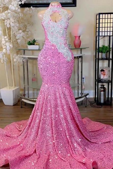 Charming Pink Sequins Prom Dresses Black Girls Luxury Mermaid Evening Formal Occasion Gowns Halter Neck Plus Size Party