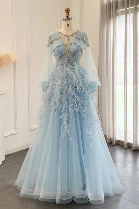 Luxury Feathers Dubai Blue Evening Dresses For Women Wedding Party Crystal Arabic Long Sleeve Formal Prom Gown
