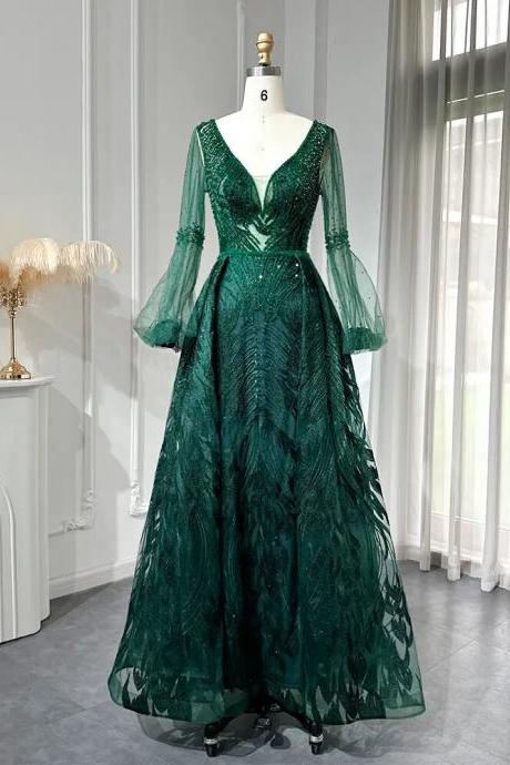 Emerald Green Luxury Crystal Evening Dress For Women Wedding Party Elegant V-neck Long Sleeve Plus Size Formal