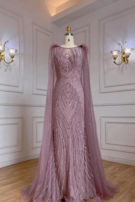 Pink Mermaid Elegant Cape Sleeves Evening Dresses Gowns Luxury Feathers Beaded For Women Party