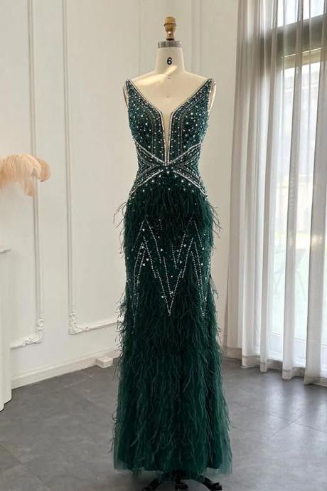 Luxury Green Feathers Evening Dress For Women Wedding Champagne Pink Gold Party Dress Long Formal Prom Gown