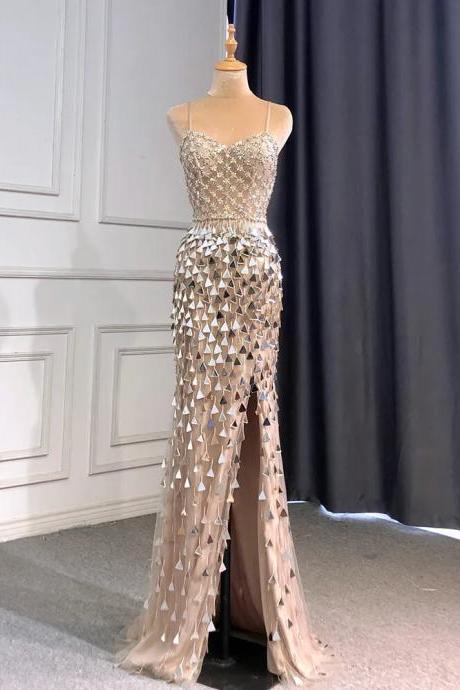 Silver Nude Spaghetti Strap Luxury Evening Dresses Gowns Mermaid Sequins Beaded Elegant For Women Party