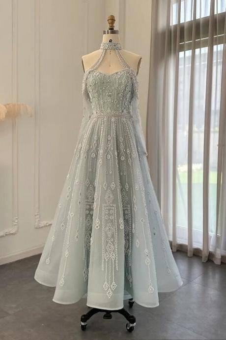 Luxury Dubai Sky Blue Evening Dress For Women Wedding Elegant Ankle-length Beaded Arabic Formal Party Gowns