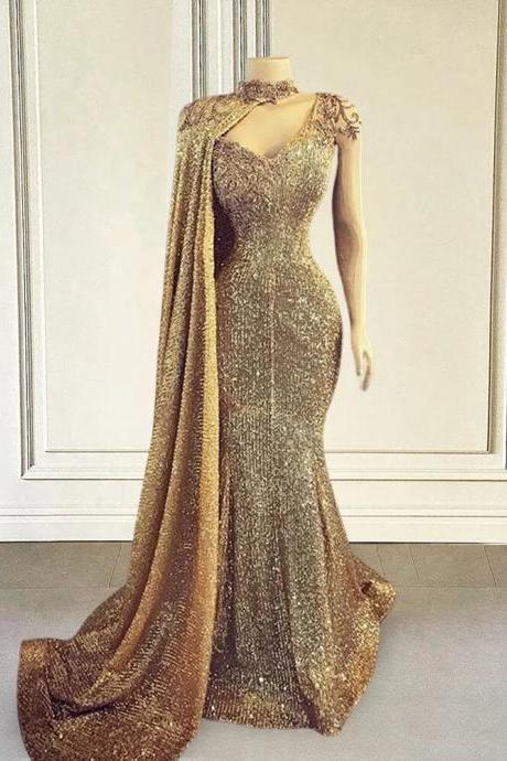 One Shoulder Gold Evening Dress Long Luxury Mermaid Sparkly Sequin Beads With Shawl Dubai Women Formal Dress Prom Gowns