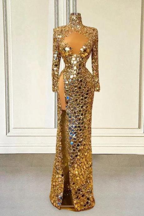 Shiny Sequin Gold Evening Dress Luxury Mermaid Long Sleeves High Slit Sexy African Women Formal Prom Party Gown