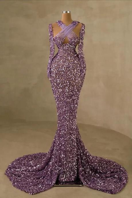 Luxury Sequined Crystal Evening Dresses Glitter Beading Mermaid Prom Gowns Floor Length Lace Full Sleeves Pageant Dress