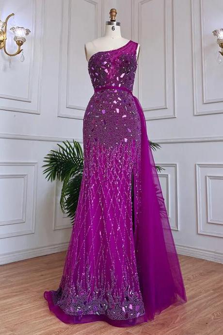 Arabic Purple Mermaid One Shoulder Sexy High Split Beaded Luxury Evening Dresses Gowns For Women Party