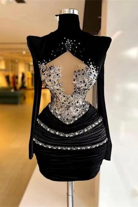 Black Velvet High Neck Short Prom Dress Evening Dresses For Women Mermaid Beaded Crystal Party Gown Pleats Mini Robes