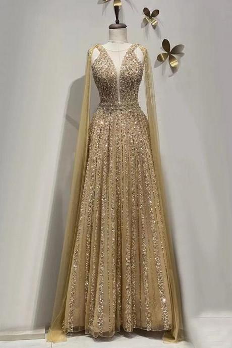 Gold A Line Cape Sleeves Beaded Luxury Dubai Long Evening Dresses Gowns For Women Wedding Party