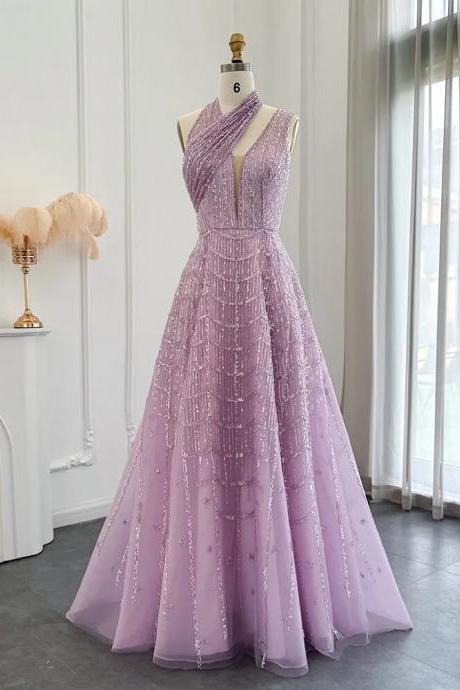 Luxury Beaded Lilac Evening Dresses Women Wedding Party Elegant Long Prom Formal Gowns
