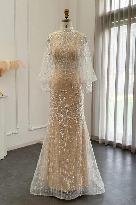 Luxury Dubai Mermaid Evening Dresses Long Sleeve Elegant High Neck Arabic Prom Formal Dress For Women Wedding Bridal Party