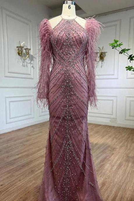 Pink Feathers Mermaid Elegant Long Evening Dresses Luxury Gowns For Women Wedding Party