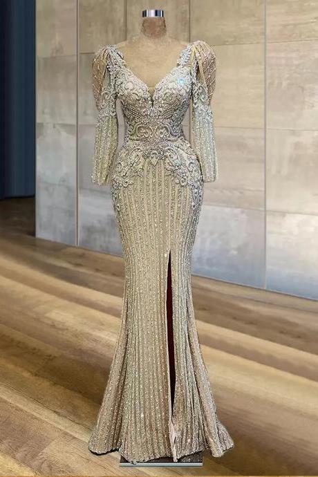 Mermaid Side Split Evening Dresses V Neck Long Sleeve Lace Appliqued Beaded Special Occasion Prom Gowns Plus Size Party Robe