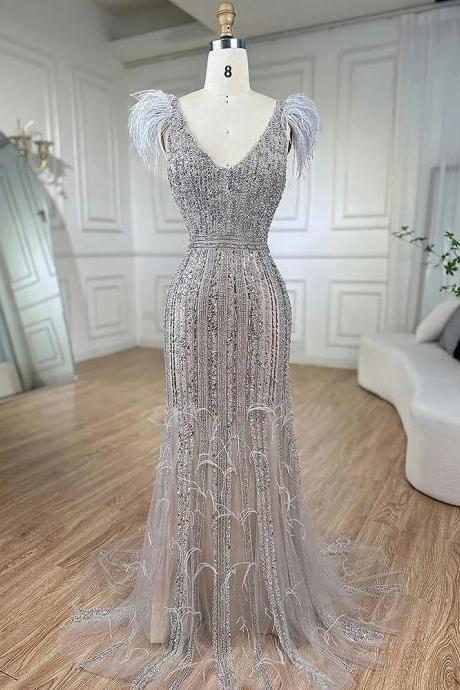 Arabic Mermaid Grey Nude V Neck Evening Dresses Gowns Feather Beaded Elegant For Women Wedding Party