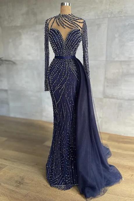 Luxury Navy Blue Mermaid Dubai Evening Dress With Detachable Skirt Long Sleeve Arabic Formal Gowns For Women Wedding Party