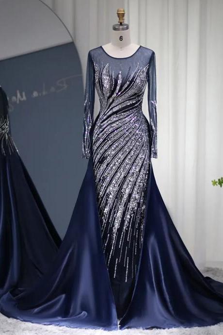 Elegant Navy Blue Mermaid Evening Dresses Luxury Long Sleeve Wedding Formal Guest Dresss