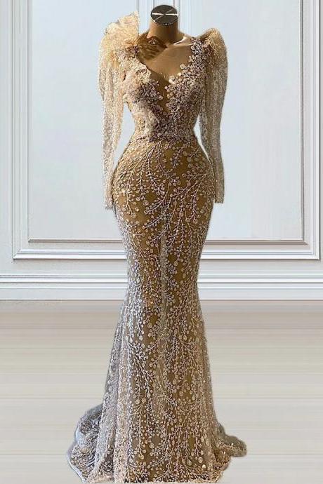 Mermaid Illusion Long Sleeve Evening Dress V Neck Ruffles Floor Length Prom Gown