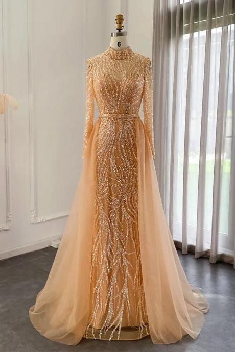 Elegant Gold Mermaid Arabic Evening Dress With Overskirt Long Sleeves Luxury Muslim Wedding Formal Party Gown
