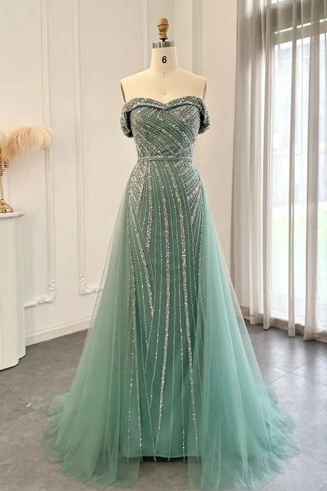 Elegant Off Shoulder Sage Green Overskirt Evening Dresses Luxury Dubai Women Wedding Formal Party Gowns