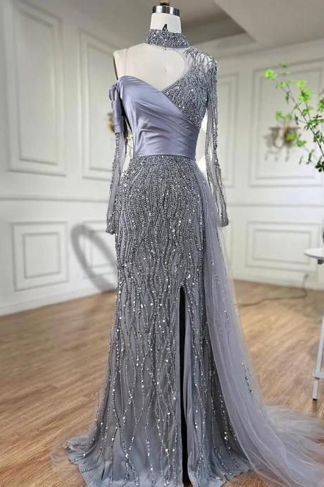 Mermaid Sexy High Split Beaded Blue Evening Dresses For Women Wedding Party Arabic Prom Formal Gowns