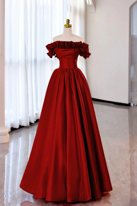 Burgundy Strapless Satin Long Prom Dress, A Line Evening Party Dress