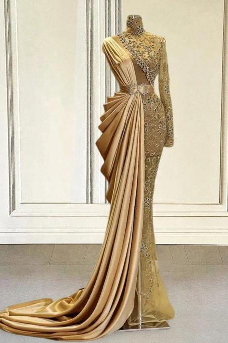 Gold Evening Dress Long Luxury Mermaid With Sleeves African Women Formal Prom Party Gown Plus Size
