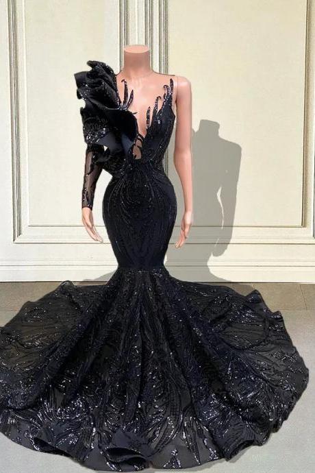 Black Sequin Long Mermaid Prom Dresses For Black Girl Ruffles Single Full Sleeve African Formal Wedding Party Gala Gown