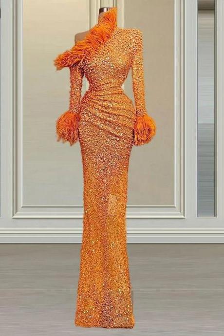 Orange Women&amp;#039;s Long Sleeved Evening Dresses Shiny Bead String Mermaid Pleated Feather Princess Prom Gowns Formal Robes
