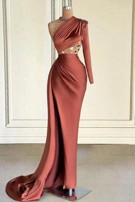 Long Prom Dresses Beaded Crytal One Shoulder Women Formal Evening Gowns For Birthday Party