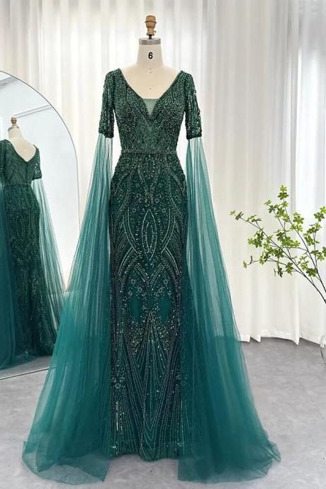 Luxury Emerald Green Evening Dresses With Cape Sleeves Elegant Rose Gold Gray Women Wedding Party Gowns