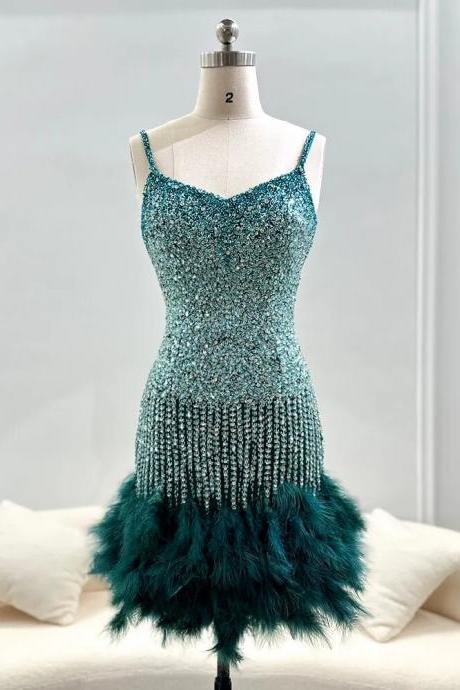 Emerald Green Short Mini Cocktail Party Dresses For Women Wedding Luxury Feathers Pink Evening Club Gowns