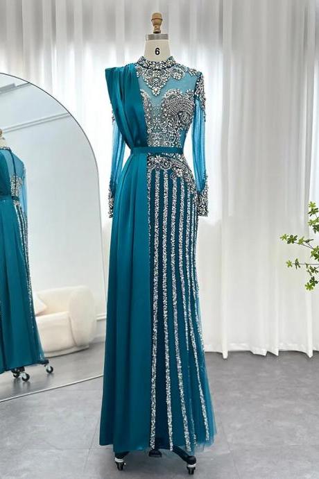 Luxury Crystal Dubai Muslim Evening Dress With Overskirt Gray Arabic Formal Dresses For Women Wedding Party