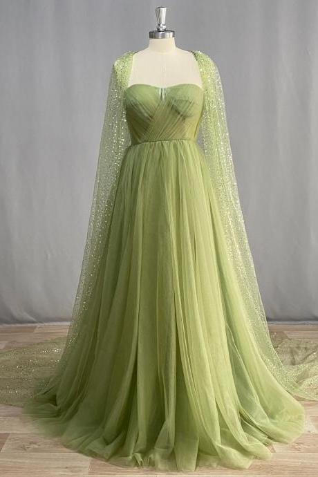 Sage Green Detachable Sequin Cape Tulle Prom Dress For Women Strapless Sweetheart A Line Evening Party Gown