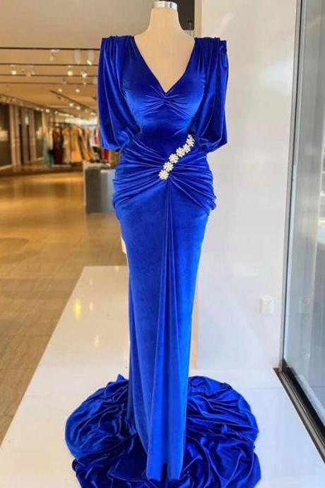 Deep V-neck Mermaid Evening Gown Royal Blue Velvet Prom Dress With Sleeves Velour Pageant Party Dress Custom Made