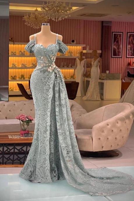 Elegant Mermaid Prom Dresses Luxury Cap Sleeves Sweetheart Lace Appliques Long Train Women Formal Evening Party Gowns Customized