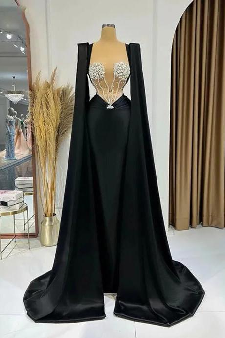 Sequin Beading Black Satin Mermaid Prom Dresses With Wrap Sleeves Sweethearts Evening Dress Formal Party Gowns