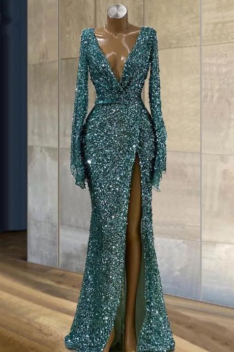 Blue Glitter Sequins Mermaid Evening Dresses Long Sleeves Sexy Deep V Neck Front Slit Party Night Vestidos De Noite Prom Gowns