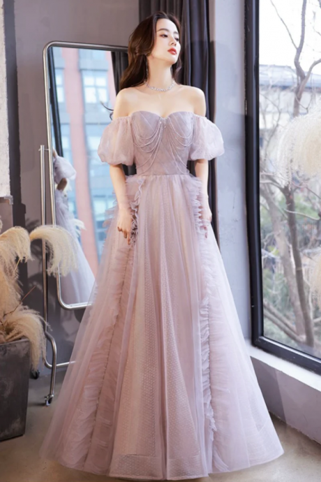 A Line Tulle Long Prom Dress With Beaded, Beautiful Off The Shoulder Evening Graduation Dress