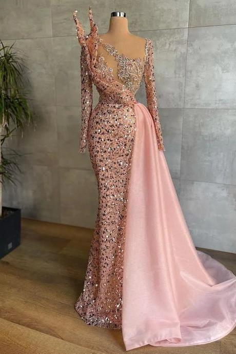 Sparking Sheer Neck Evening Dress Jewel Crystals Beaded Prom Gowns Rhinestones Long Sleeves Party Dresses Custom Made