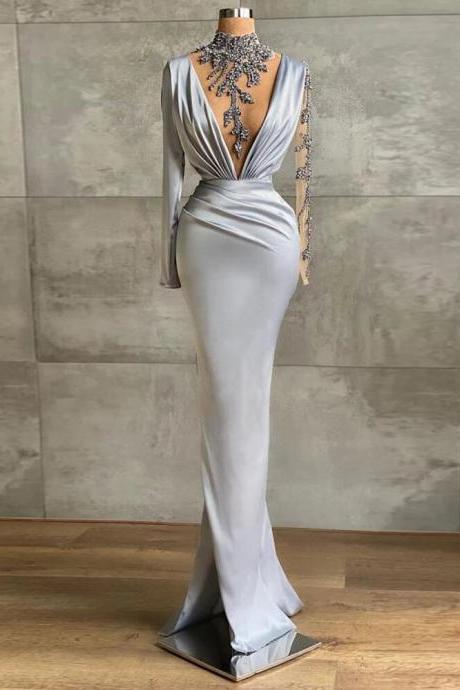 Grey Fishtail Evening Dresses For Women Sexy Deep V-neck Satin Pleated Long Sleeve Beaded Prom Gowns Formal Party