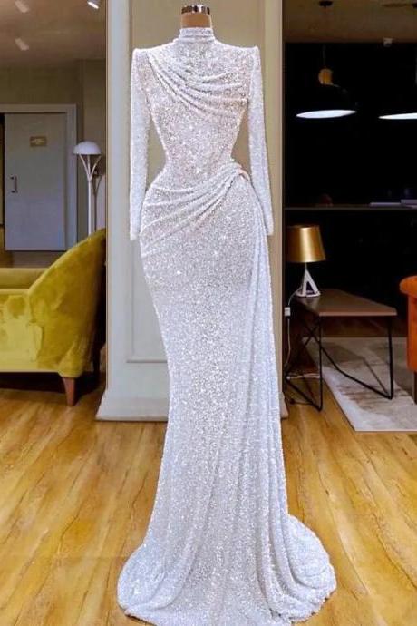 Fashion White Sequined Evening Dresses Luxury High Neck Long Sleeves Mermaid Gowns Elegant Floor Length Prom Party Gowns