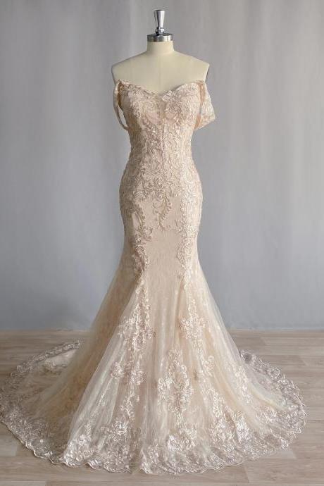 Champagne Off Shoulder Mermaid Wedding Dress Tulle Modern Lace Appliques Sleeveless Bridal Gown
