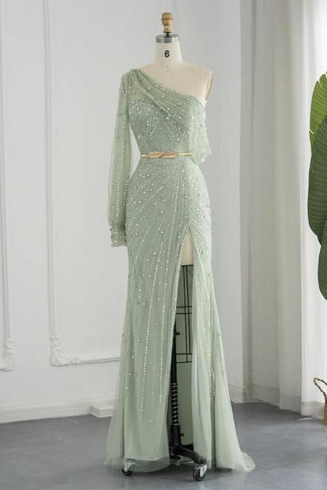 Sage Green One Shoulder Mermaid Evening Dresses Luxury Dubai Gold High Slit Prom Formal Dress For Women Wedding