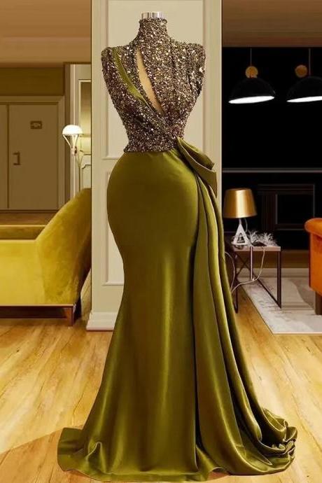 Vintage Sparkling Sequins Mermaid Prom Dresses High Neck Evening Gown Saudi Arabic Long Formal Party Gown