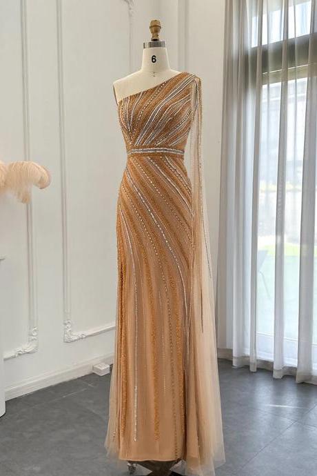 Luxury Dubai Gold Mermaid Beaded Evening Dress With One Shoulder Long Elegant Women Wedding Formal Party Gowns