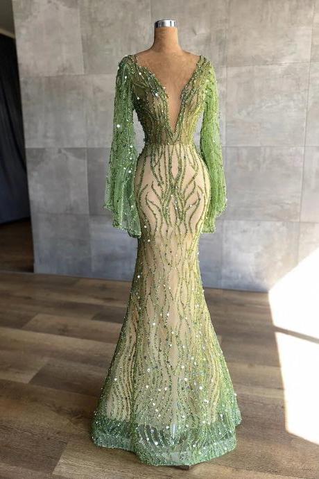 Bling Green Beaded Sequined Mermaid Evening Dresses With Flare Sleeves Luxury Long Evening Gowns Dubai Formal Occasion