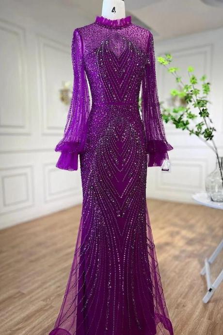 Purple Mermaid Elegant High Neck Evening Dresses Gowns Long Sleeves Beaded Luxury For Women Party