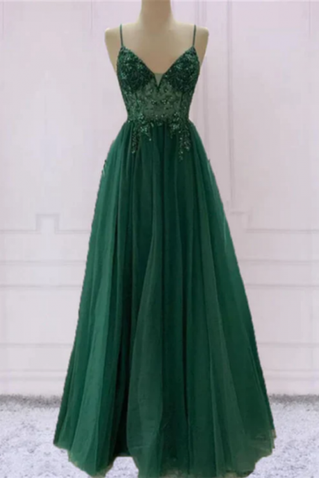 Emerald Green Tulle Prom Dress Beaded V Neck Party Gown