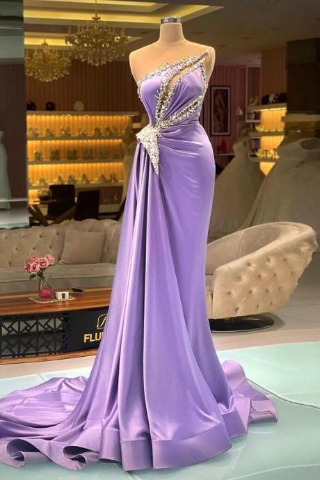 Sheer Neck Lilac Evening Dresses Beaded Satin Mermaid Party Dress Long Formal Occasion Wear Robe De Soiree