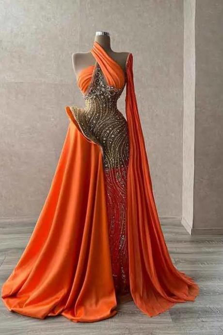 Elegant Sheer Beading Orange Evening Gowns One Shoulder Sexy See Through Prom Dresses Satin Sweep Train Arabic Party Dress